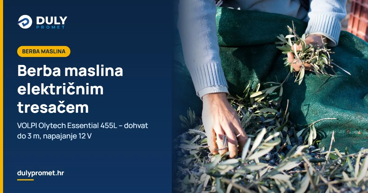 Berba maslina električnim tresačem – VOLPI Olytech Essential 455L