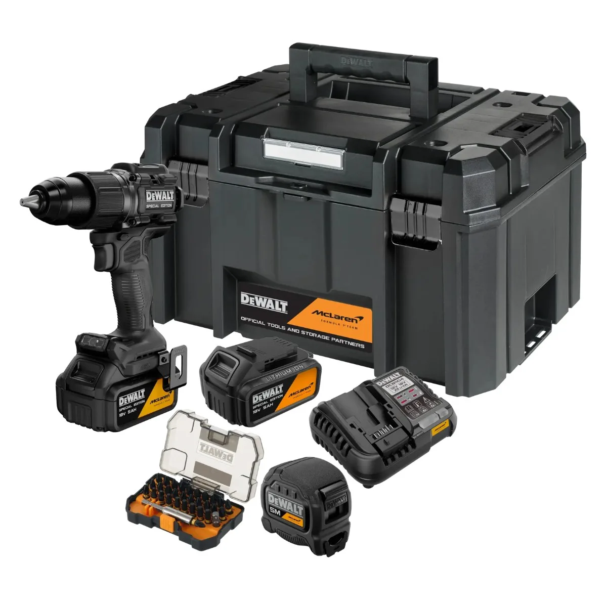 DeWalt x McLaren aku udarna bušilica-odvijač DCD86MP2KT 18 V — 2 × 5,0 Ah, metar i set bitova