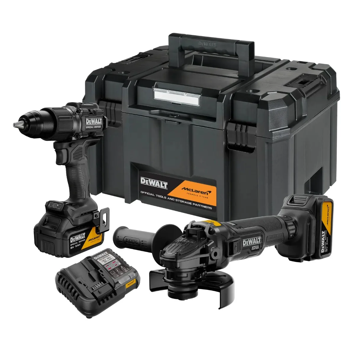 DeWalt x McLaren aku set DCK2223MP2T 18 V — DCD86M + DCG45M, 2 × 5,0 Ah
