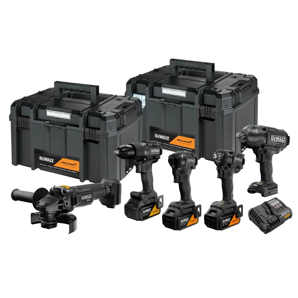 DeWalt x McLaren aku set DCK5222MP3T 18 V — DCD86M + DCF86M + DCG45M + DCF99M + DCF92M, 3 × 5,0 Ah