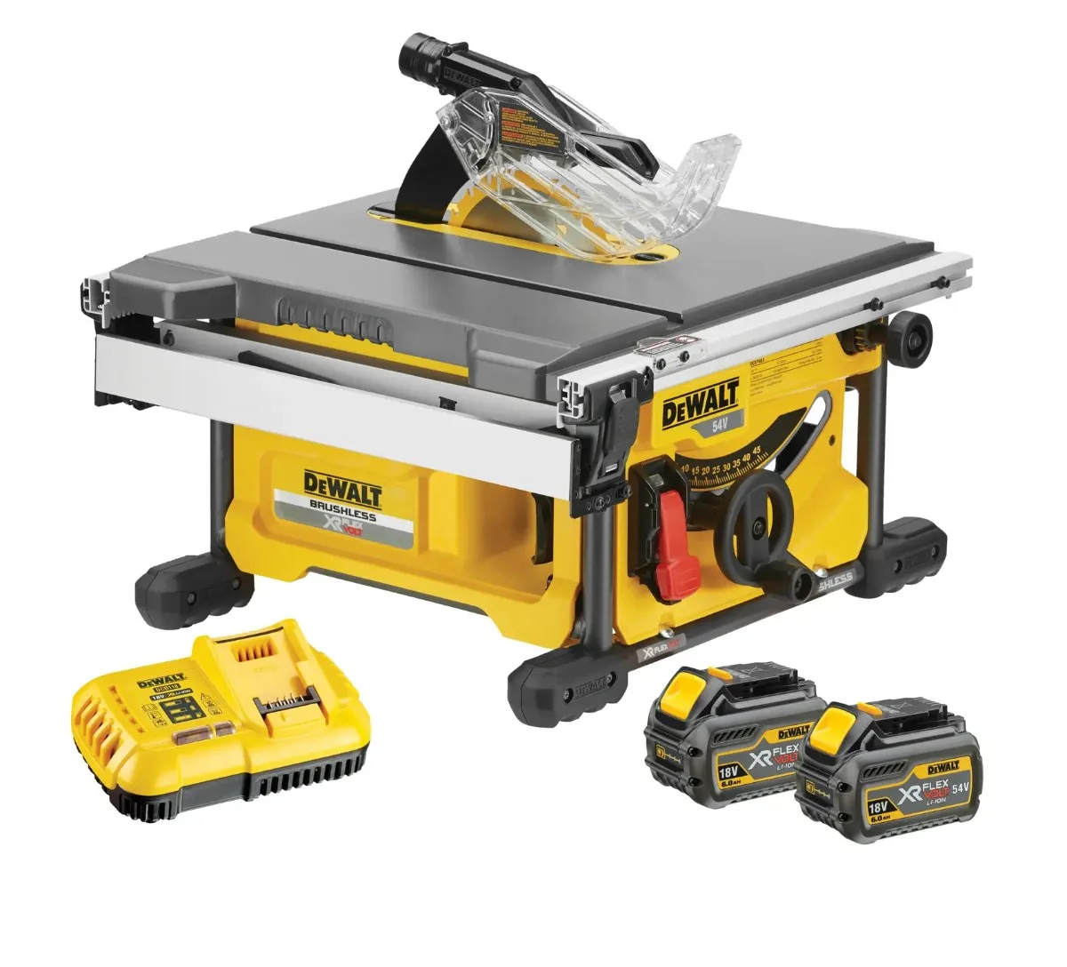 DeWalt aku stolna pila DCS7485T2 54 V FLEXVOLT — 210 mm, širina reza 610 mm, 2 × 6,0 Ah