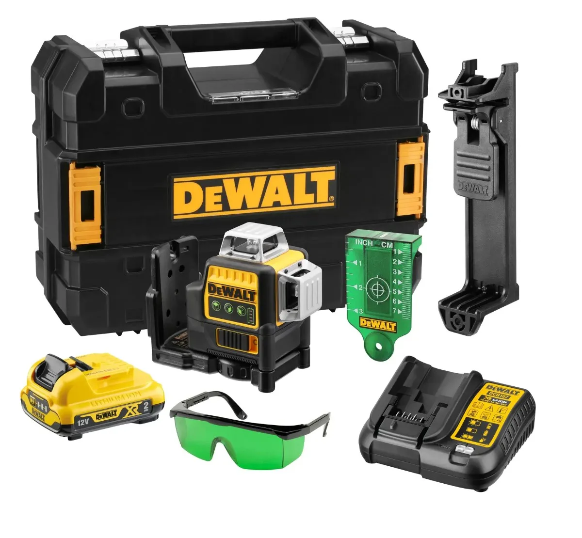 DeWalt aku višelinijski laser DCE089D1G 12 V — 3 × 360°, zelena zraka, 1 × 2,0 Ah