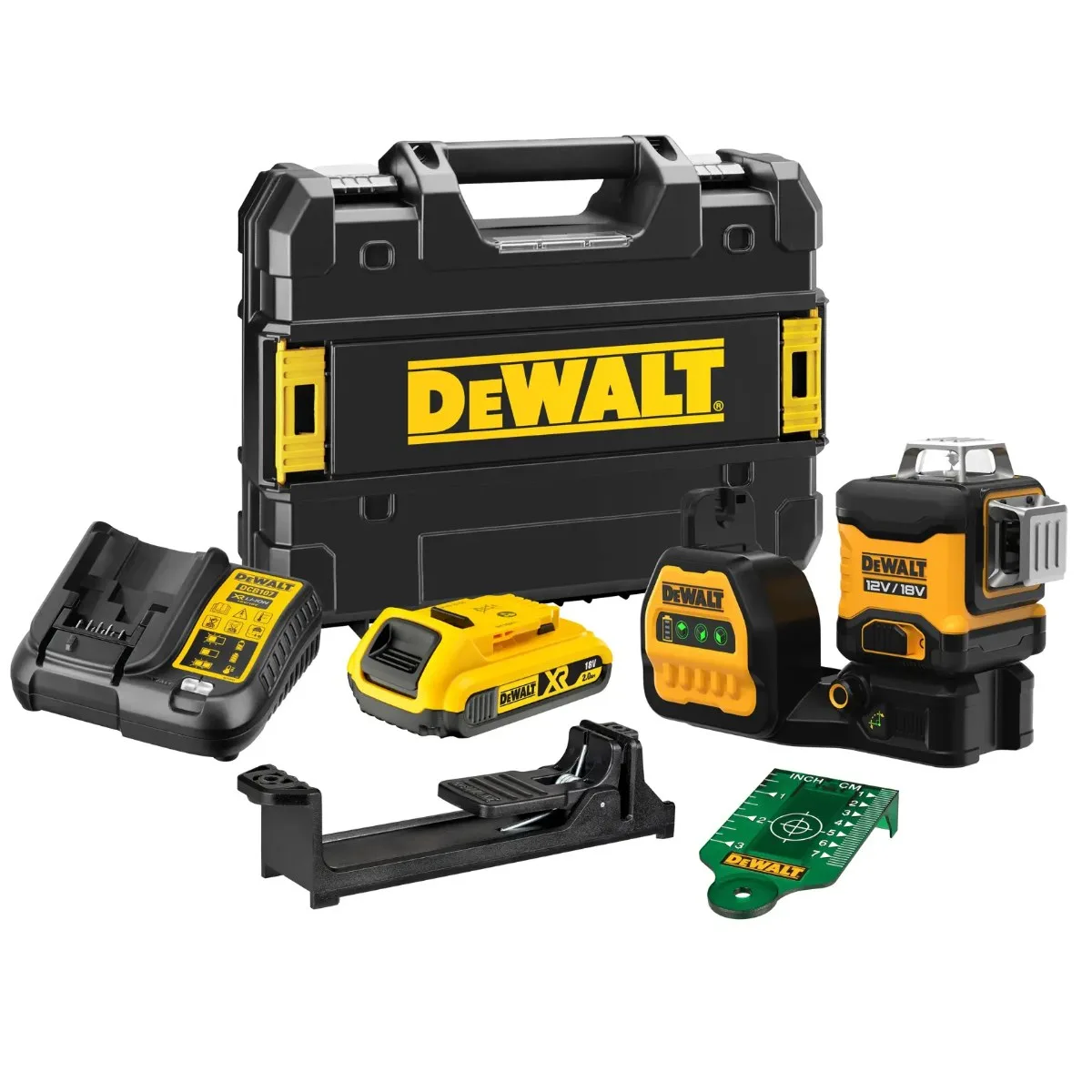 DeWalt aku višelinijski laser DCE089D1G18 12/18 V — 3 × 360°, zelena zraka, 1 × 2,0 Ah