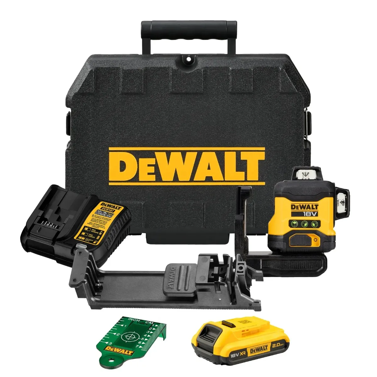 DeWalt aku višelinijski laser DCLE34031D1 18 V — 3 × 360°, zelena zraka, 1 × 2,0 Ah