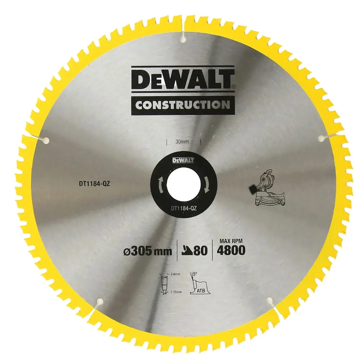 DeWalt list kružne pile DT1184 CONSTRUCTION — 305 × 30 mm, 80 zubi, za drvo, oplemenjene ploče i plastiku na stolnim i kutnim pilama