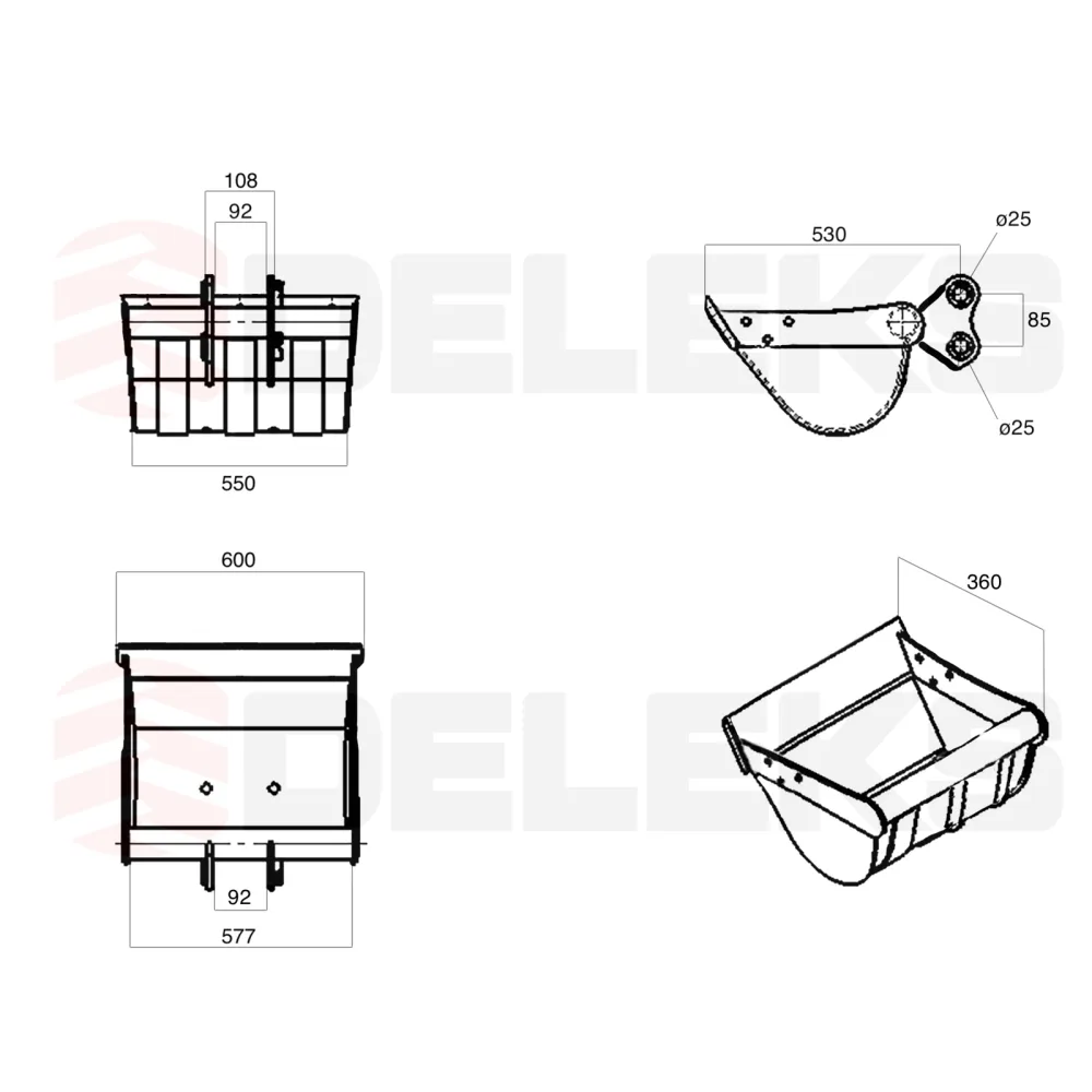 Nagibna planirna žlica za mini bager DELEKS M100B600TILT – 60 cm (za M80/M90/M100/M120) — slika 2 od 3