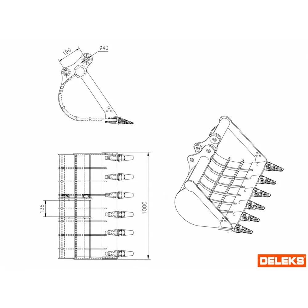 Grabljasta žlica za kamen za mini bager DELEKS S380B1000ST – 100 cm (za S380) — slika 2 od 13
