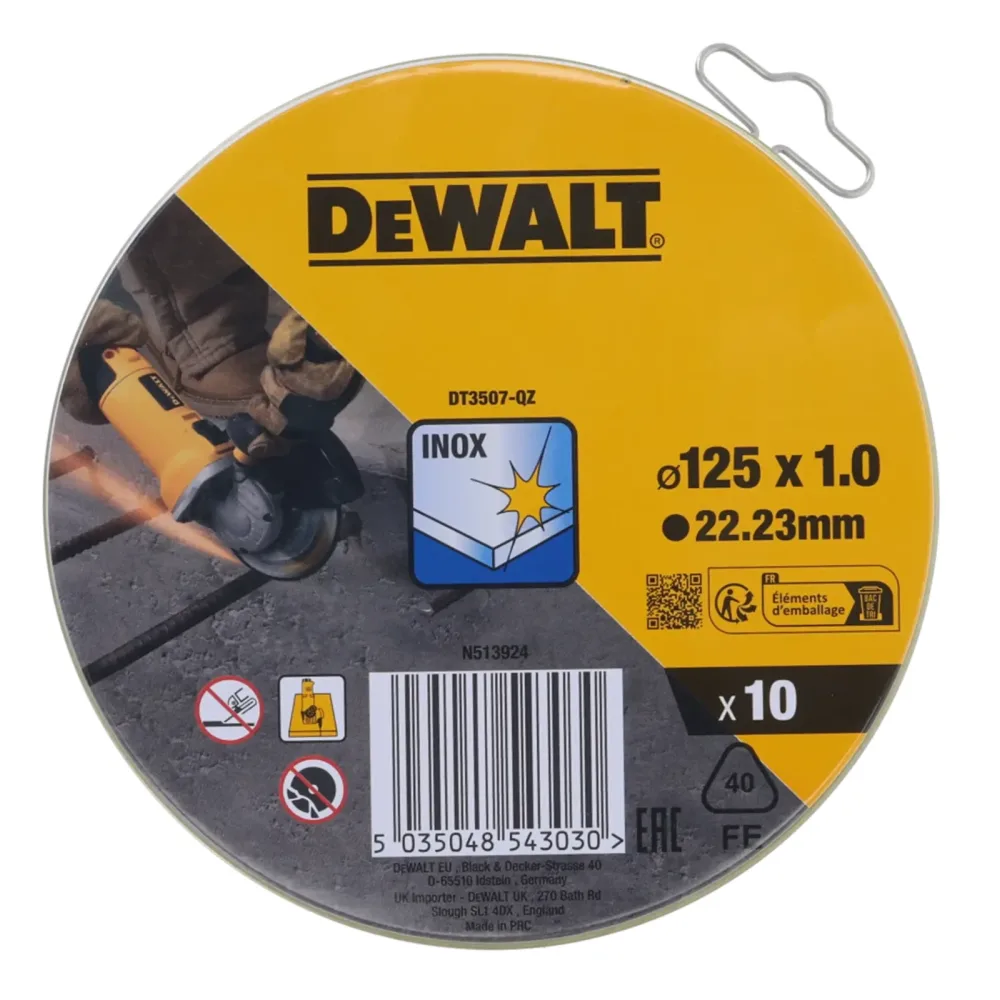 DeWalt rezne ploče DT3507 za inox u limenci — 125 × 1 × 22,23 mm, 10 kom